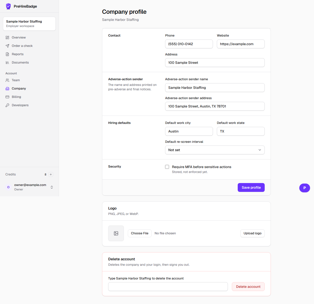 Company profile and the adverse-action sender.