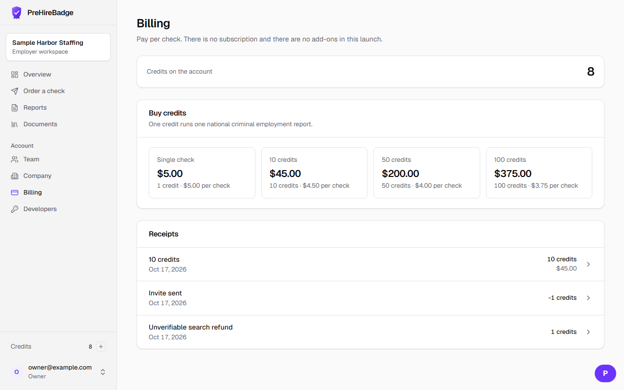 Credit packs and the balance.